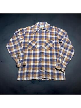 Vintage 70s Plaid Flannel Shirt Brown Blue Made USA Mens Small Pointed Collar